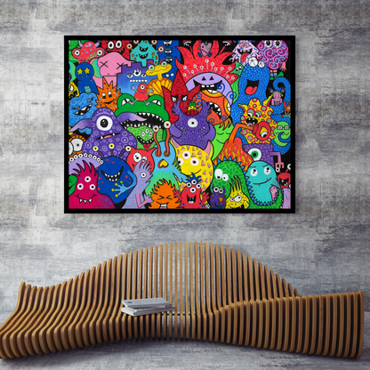 Monster Mania Fine Art Prints! This delightful piece features a colorful collage of quirky monsters, each showcasing its own unique personality