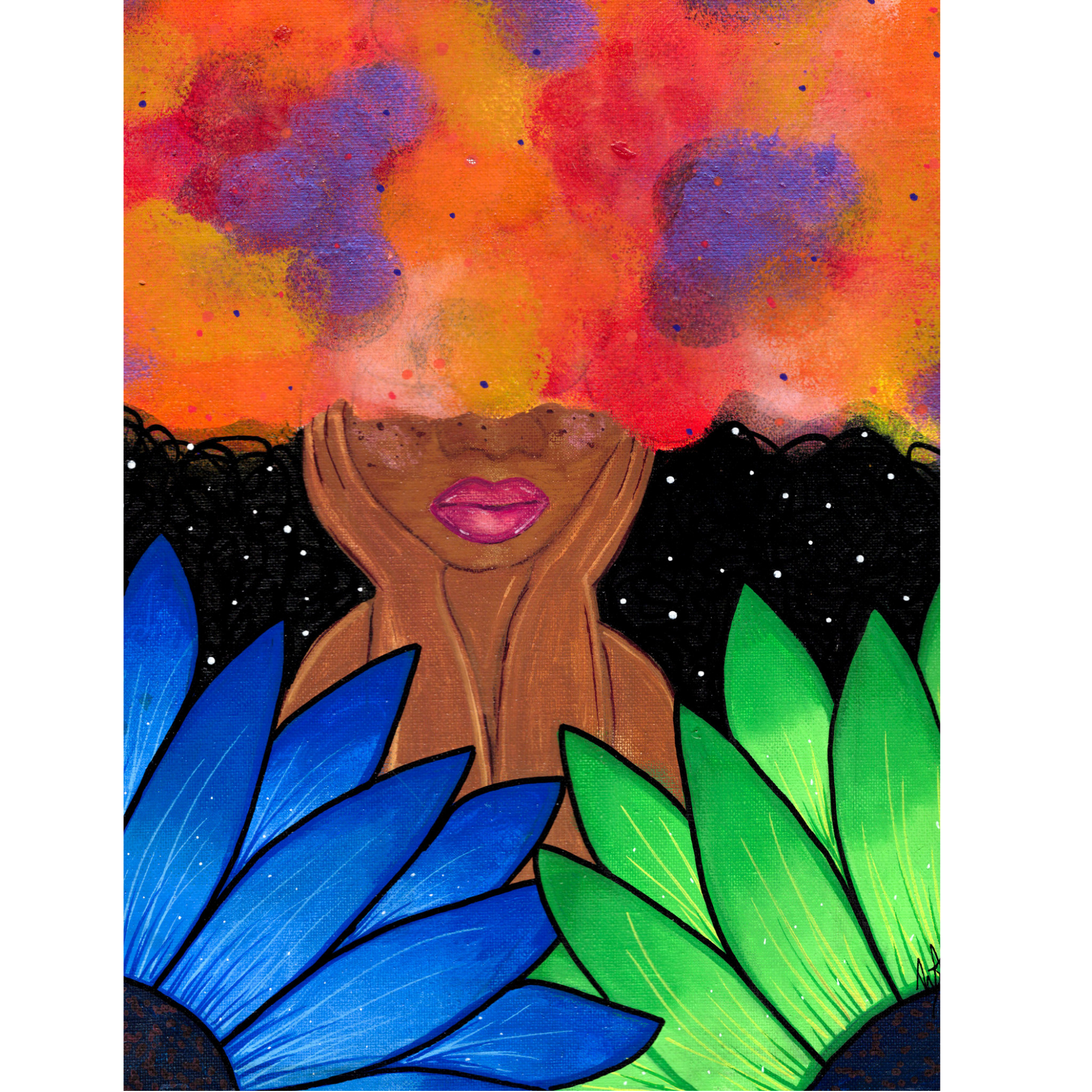 Red Magic Fine Art Print - Red-Orange Fro, Green and Blue Flowers, Night Sky - Doobie Duo