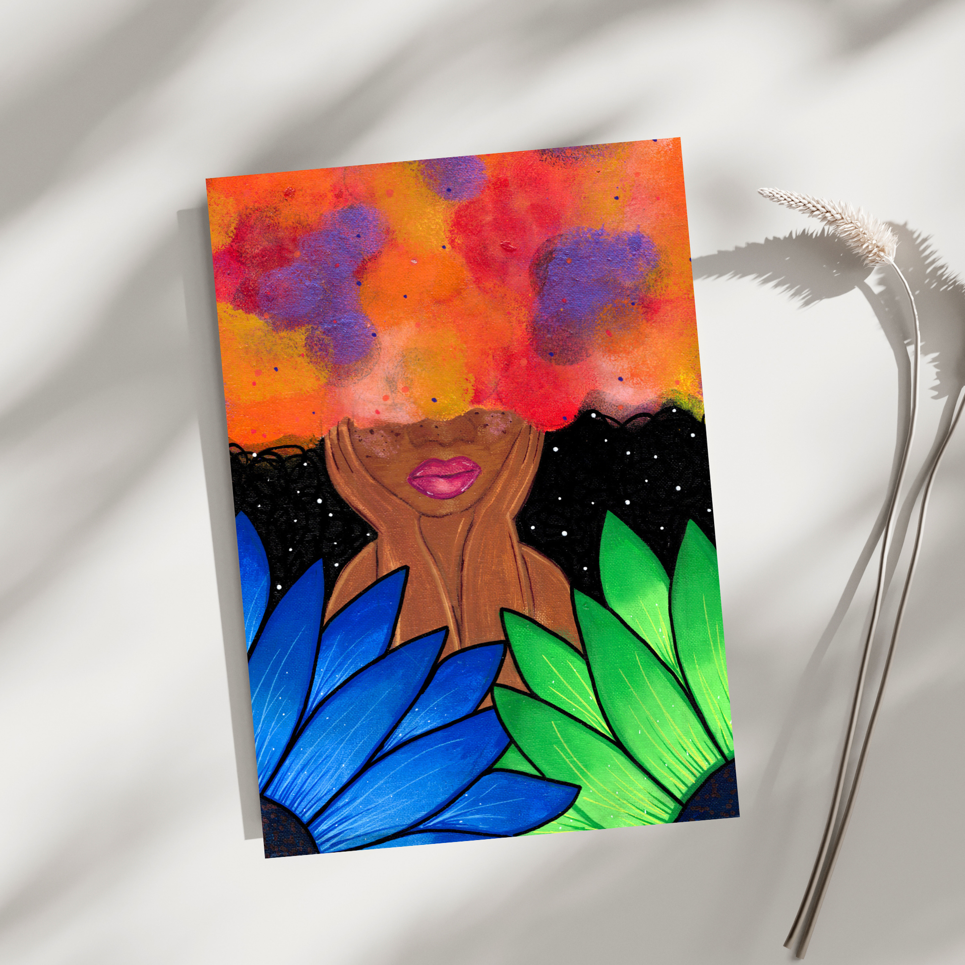 Red Magic Fine Art Print - Red-Orange Fro, Green and Blue Flowers, Night Sky - Doobie Duo