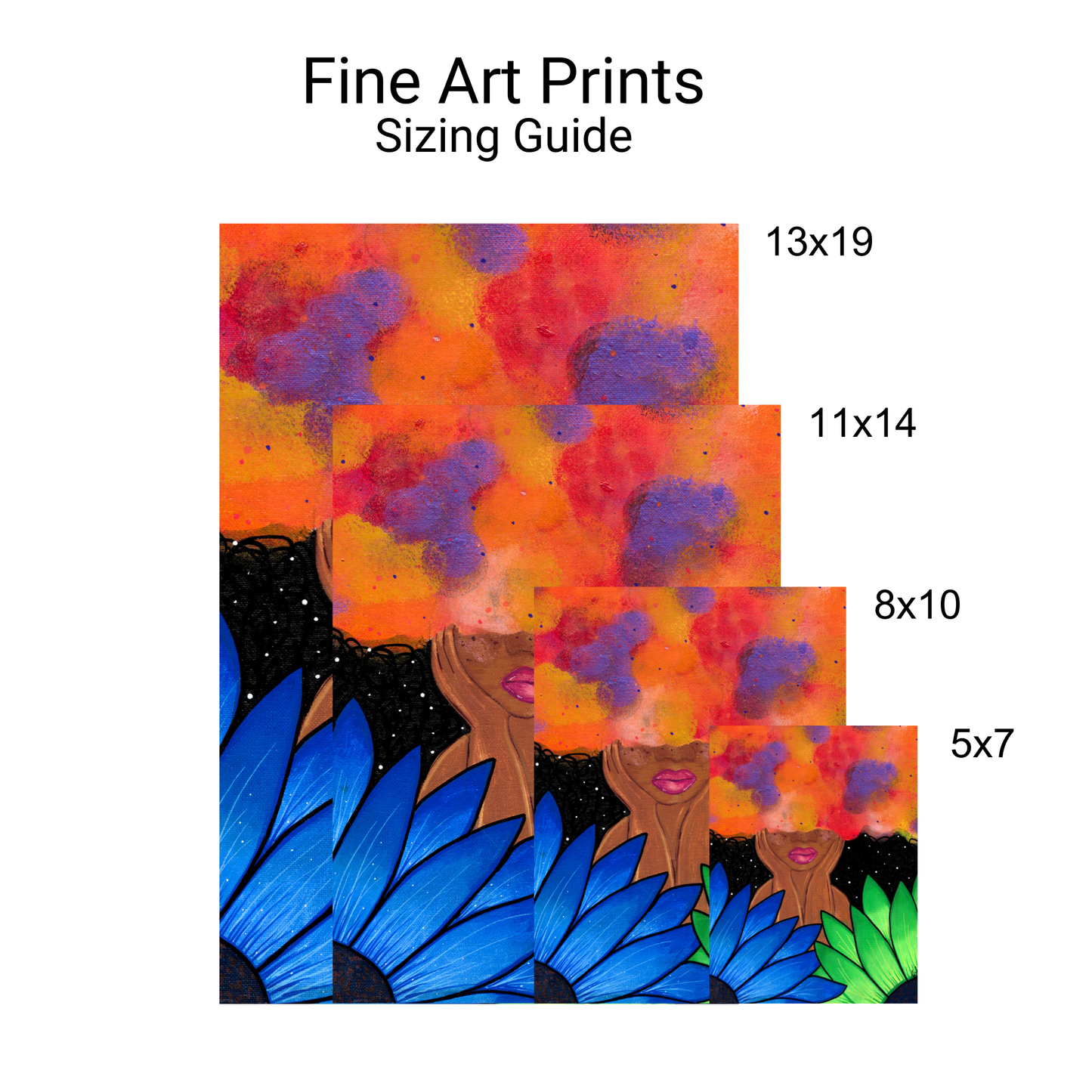 Red Magic Fine Art Print - Red-Orange Fro, Green and Blue Flowers, Night Sky - Doobie Duo