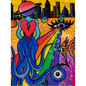 Space Head Fine Art Print, featuring an octopus alien with a planet for a head, walking on a beamed rainbow with a city backdrop By Doobie Duo