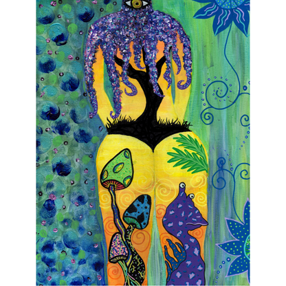 Under the Sea Fine Art Print - Silhouette of a Female's Back, Tree, Mushrooms, and an Alien on the Beachside - Doobie Duo