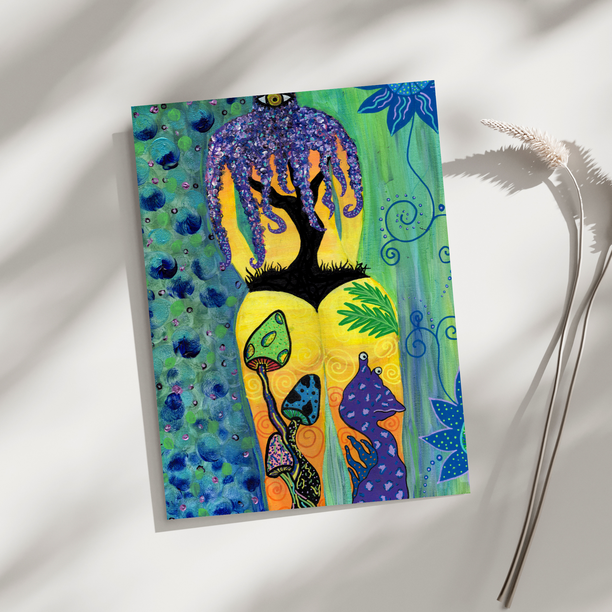 Under the Sea Fine Art Print - Silhouette of a Female's Back, Tree, Mushrooms, and an Alien on the Beachside - Doobie Duo