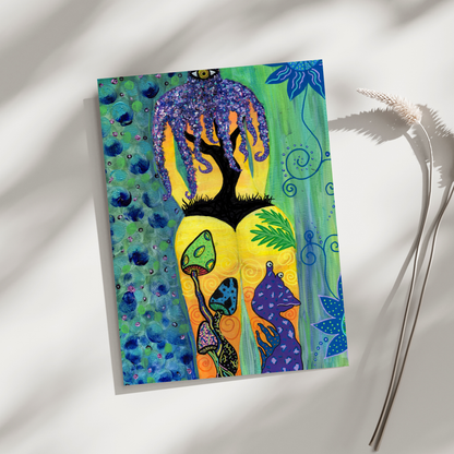 Under the Sea Fine Art Print - Silhouette of a Female's Back, Tree, Mushrooms, and an Alien on the Beachside - Doobie Duo