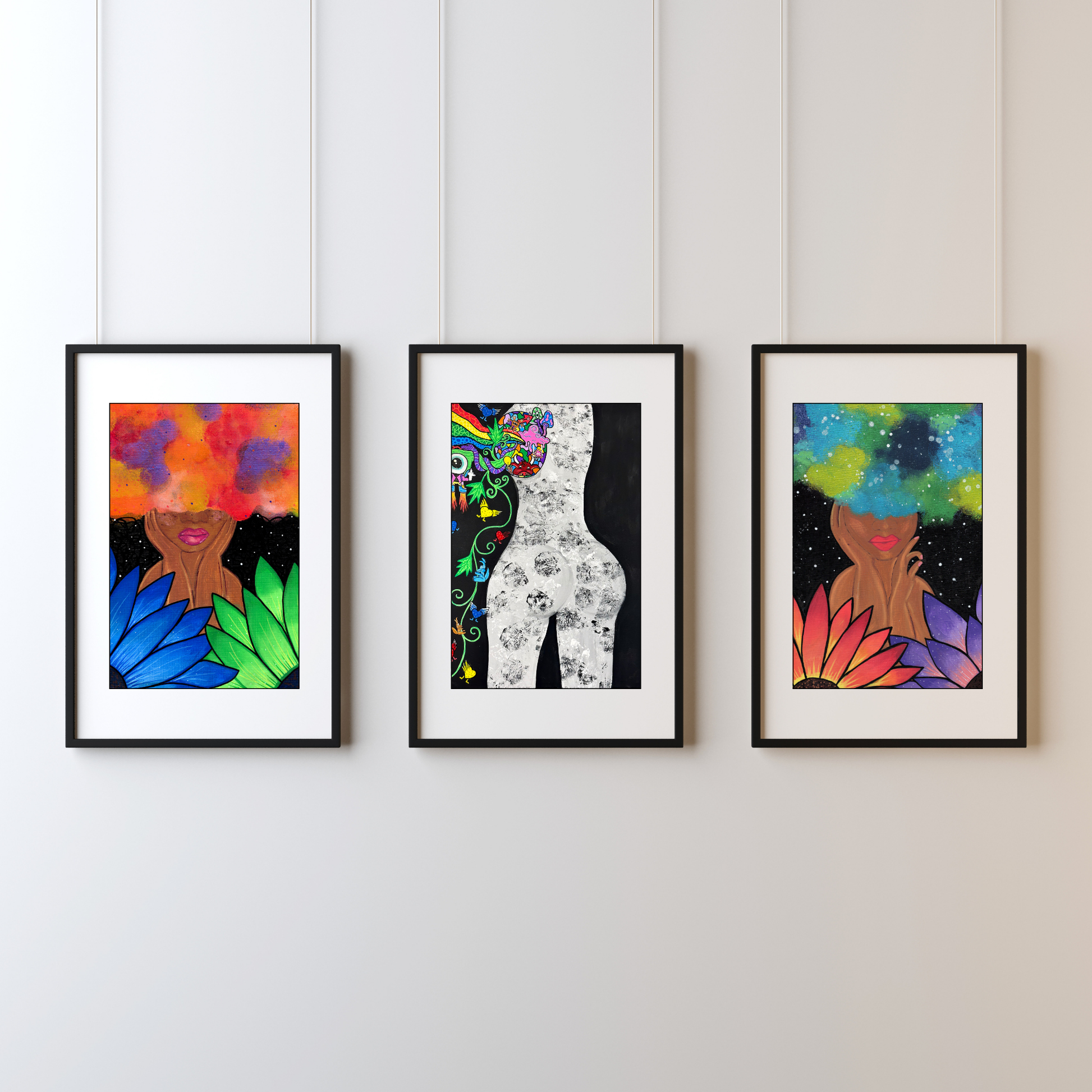 Red Magic Fine Art Print - Red-Orange Fro, Green and Blue Flowers, Night Sky - Doobie Duo