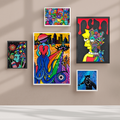 Monster Mania Fine Art Prints! This delightful piece features a colorful collage of quirky monsters, each showcasing its own unique personality